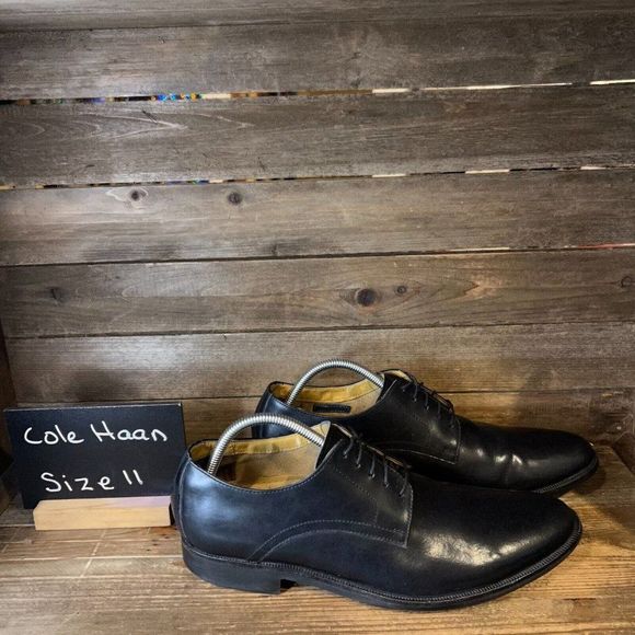 Mens Cole Haan Stanton Black‎ Leather Plain Toe Oxford Dress Shoes Size 11 M GUC - Picture 1 of 6